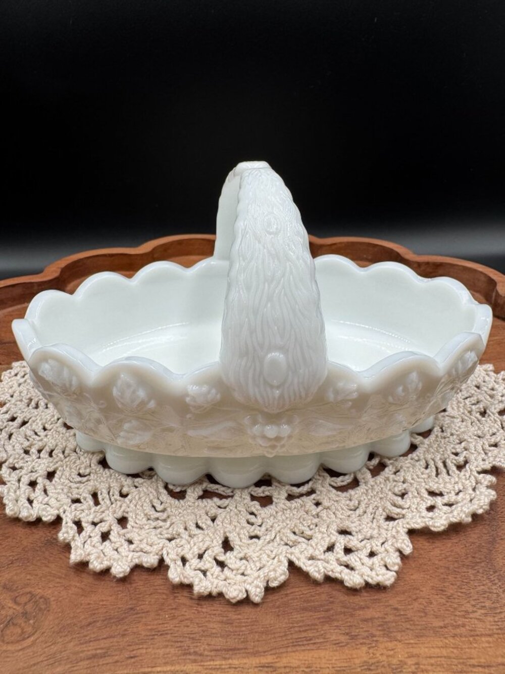 Vintage Westmoreland Paneled Grape Milk Glass Basket Split Handle WG Mark